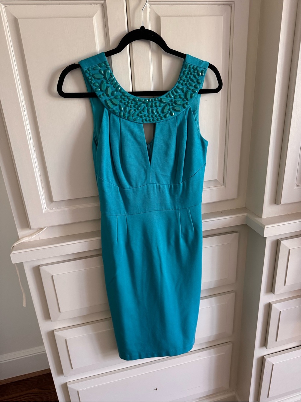 Trina Turk Teal Embellished Neck Midi Sheath Dress